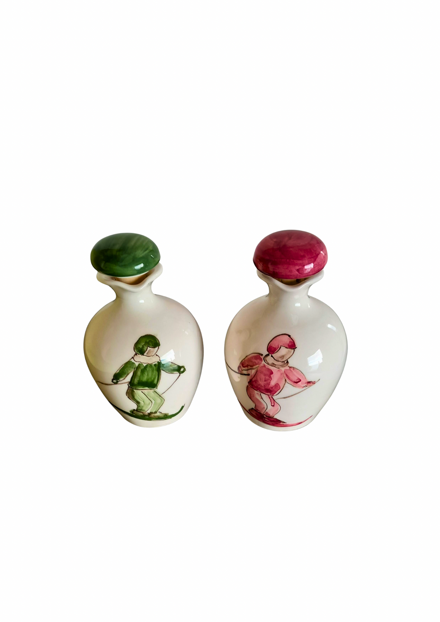 Sveva's Home Ceramic Green & Red Skier Olive Oil and Vinegar Bottles Set of 2