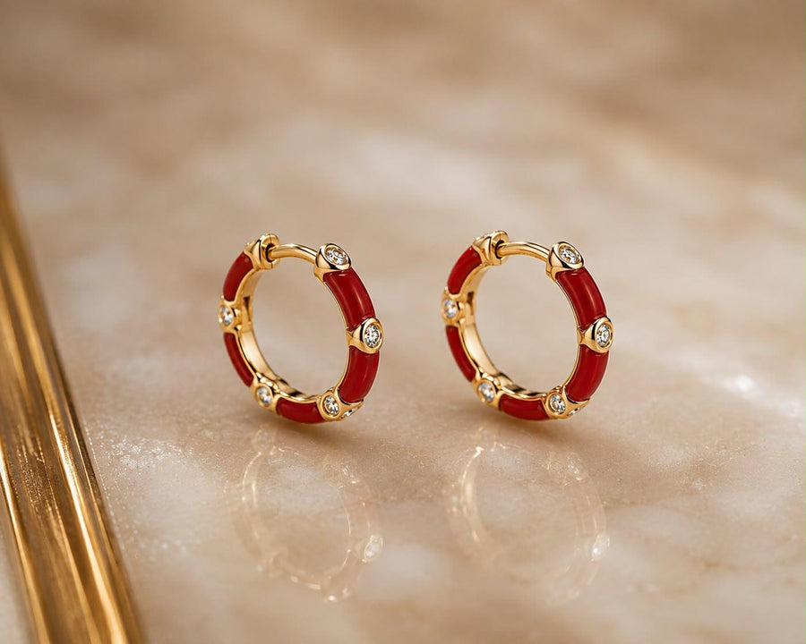 Crimson Red Enamel & Diamond Hoop Earrings
