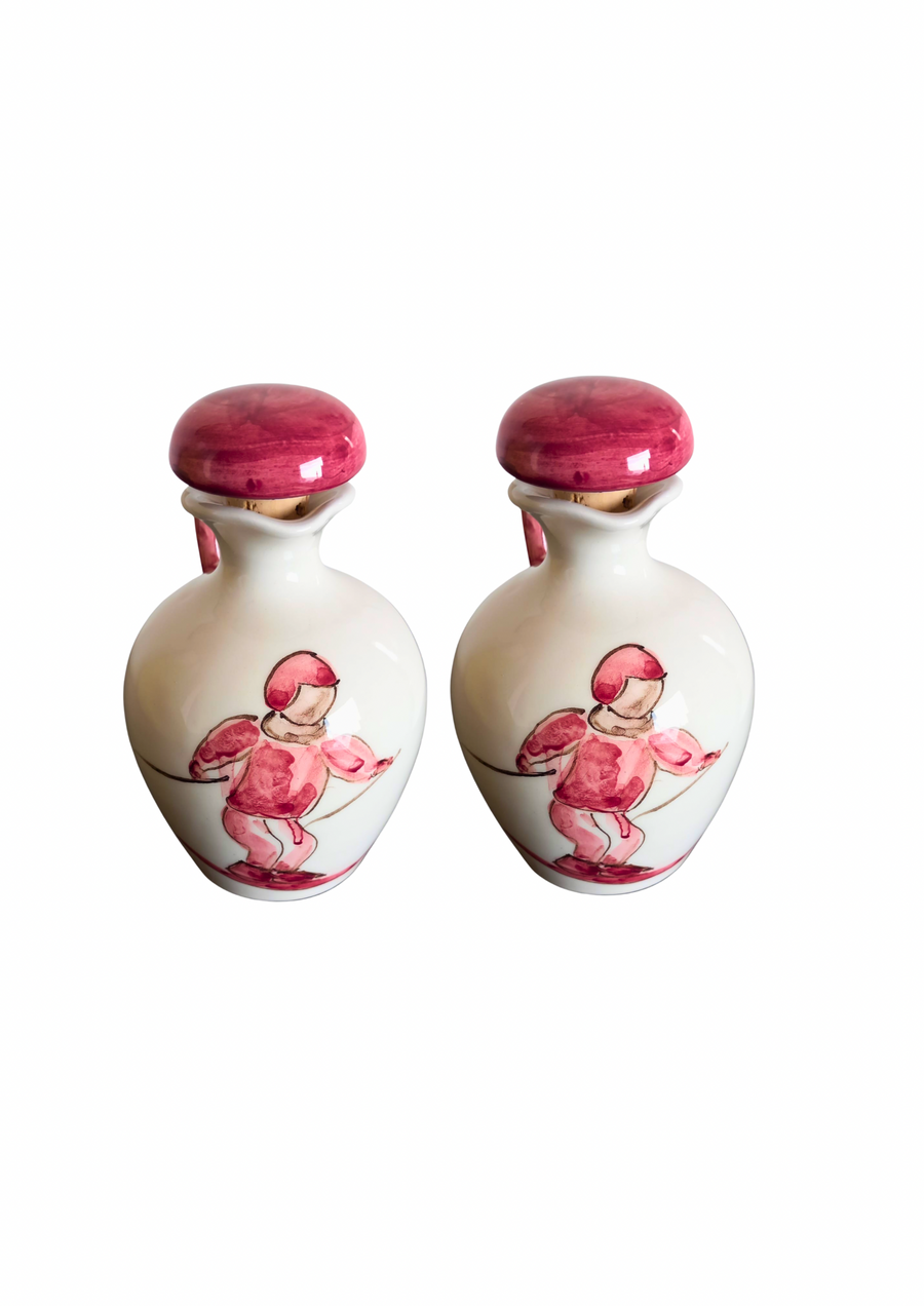 Sveva's Home Ceramic Red Skier Olive Oil and Vinegar Bottles Set of 2