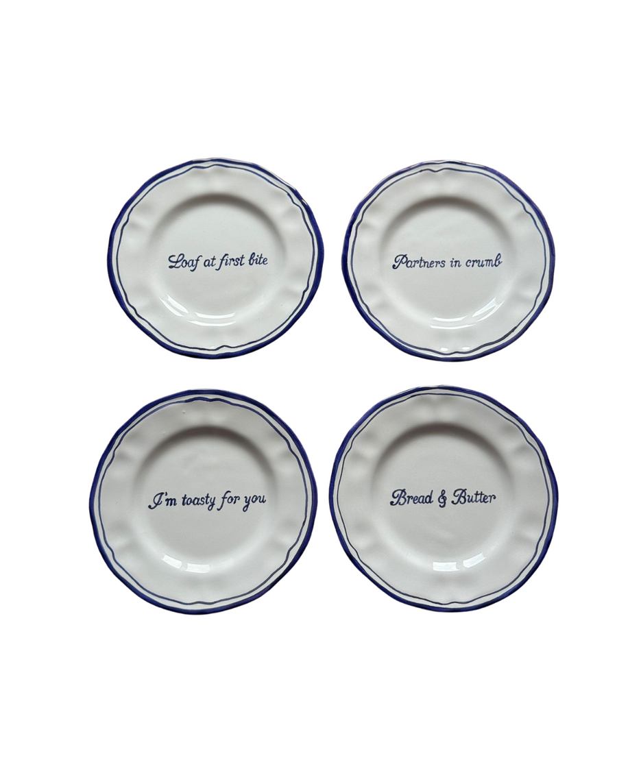 Ceramic Scalloped Blue Quote Bread Plate Set of 4