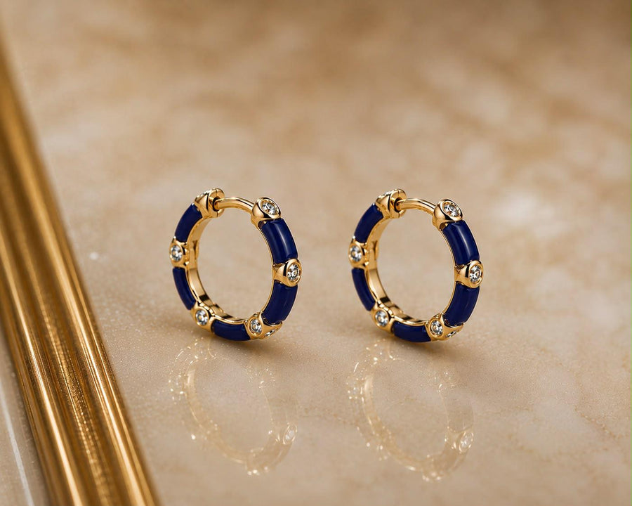 Deep Sapphire Blue Enamel & Diamond Hoop Earrings